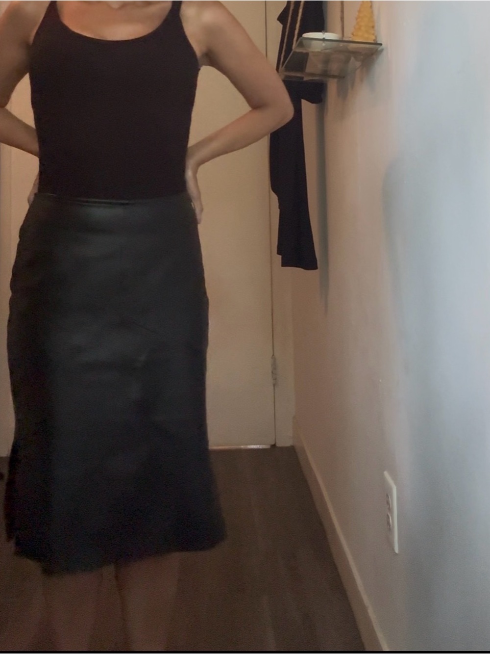 Vintage Black Leather Pencil Skirt with Slit